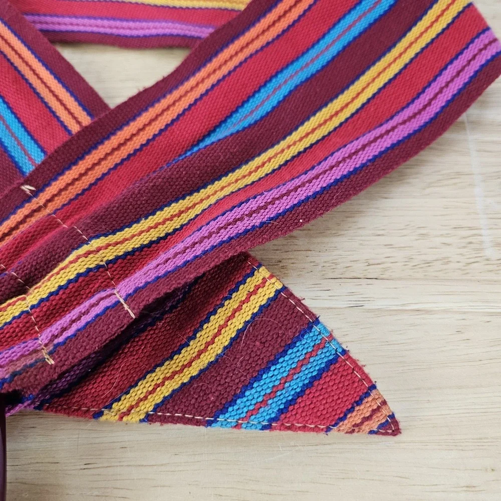Vintage Rainbow Stripe‎ Fabric Belt Red Round Double Buckle Cotton Boho One Size